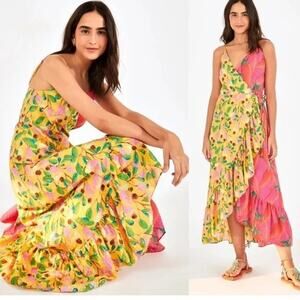 nwot FARM RIO Dress S Wrap Fruit Tie-Beaded Straps Lined Maxi Long Viscose